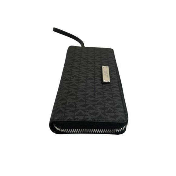 Michael Kors Jet Set Continental Wallet Signature Black Grey Handle Zip Leather - Picture 2 of 11